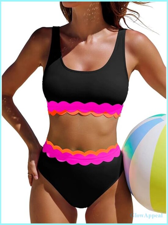 Other - High Waisted Bikini Set Two Piece Swimwear Scalloped Tankini